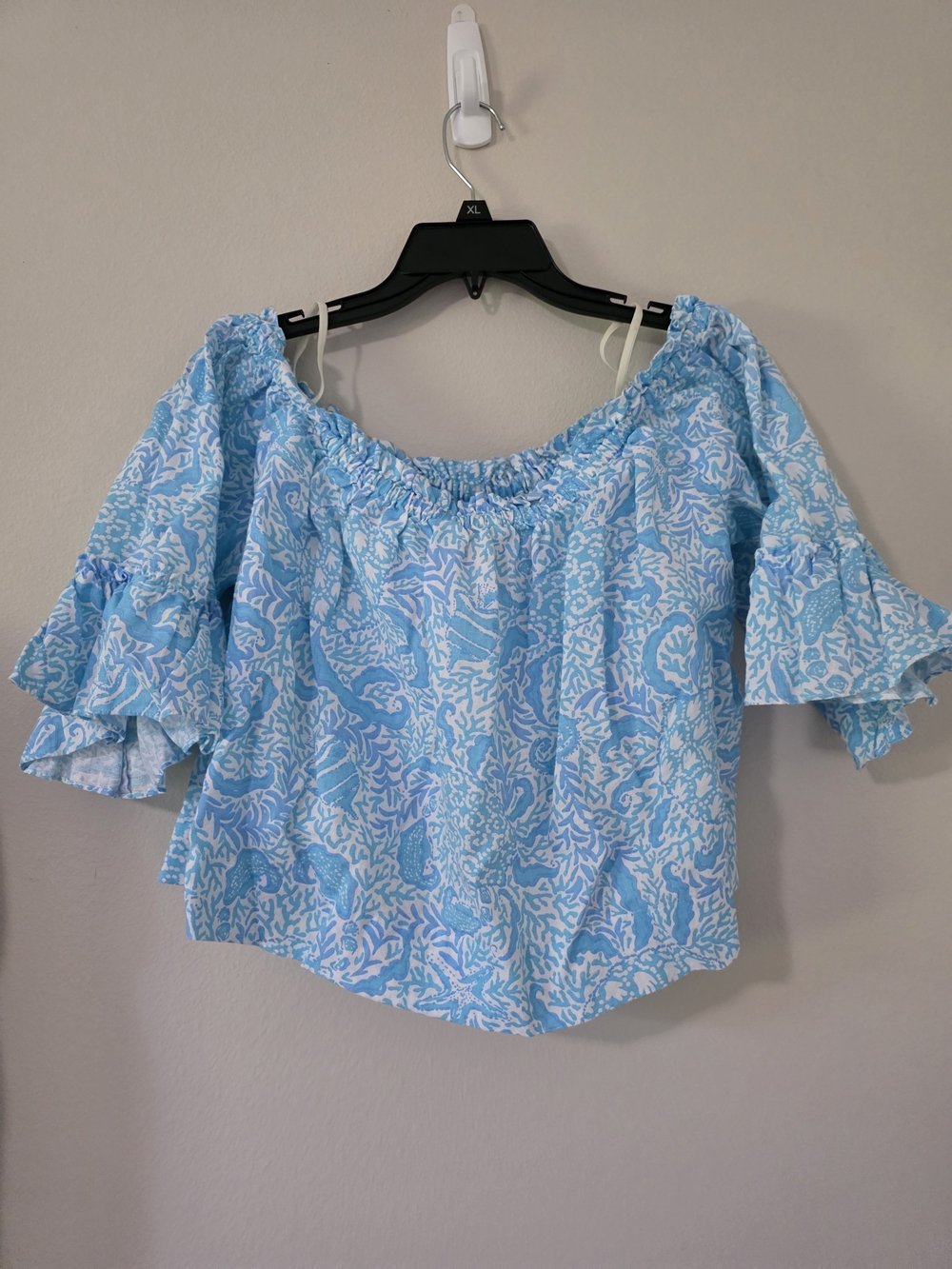 Lily Pulitzer Light Blue Off-Shoulder Ruffle Sleeve Top & Shorts